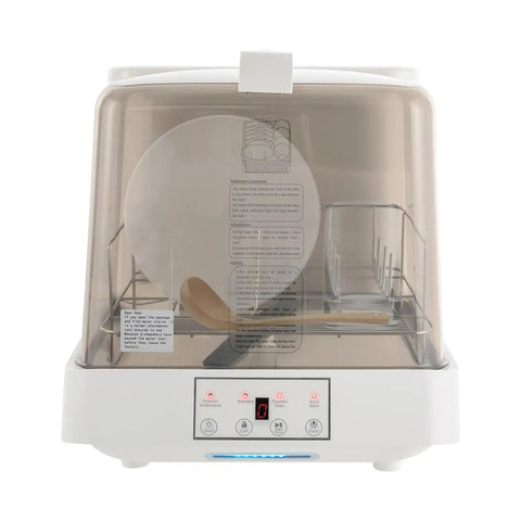Front view of Portable Countertop Dishwasher Compact For Apartments And RV Trips featuring plates, utensils, and control panel.