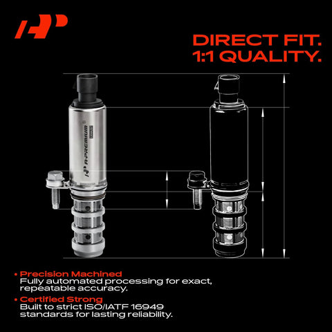 Camshaft Position Actuator Solenoid Kit For VVT System Compatible With Chevy Equinox Malibu Cobalt HHR Terrain Captiva Sport Orlando Saturn And Buick GMC Models 2.0L 2.2L 2.4L Engines Replaces 12655421 12655420 product image with dimensions and quality specifications.