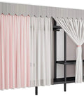 Hella Spacious Portable Fabric Wardrobe With Secure Hanging Rail And Extra Shelves Slick Clothes Closet Storage Organizer For Bedroom And Home Office Quick Setup with pink and white curtains.