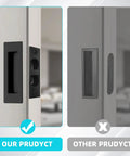 Comparison of heavy duty pocket door handles with slick edge pull; left shows sleek black 304 stainless steel version.