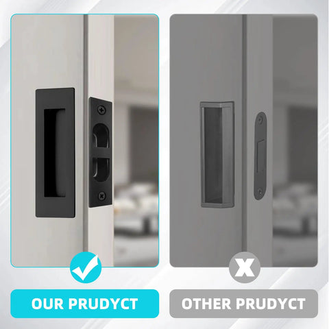 Comparison of heavy duty pocket door handles with slick edge pull; left shows sleek black 304 stainless steel version.