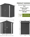 Heavy Duty Metal Outdoor Storage Shed With Lockable Doors And Sloped Roof Air Vent Built Tough For Backyard Patio Lawn Poolside 6x4 Grey Weather Resistant And Secure dimensions and specifications diagram.