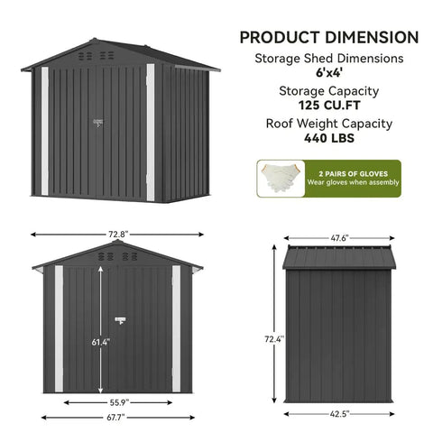 Heavy Duty Metal Outdoor Storage Shed With Lockable Doors And Sloped Roof Air Vent Built Tough For Backyard Patio Lawn Poolside 6x4 Grey Weather Resistant And Secure dimensions and specifications diagram.