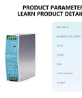 Ultra Slim 12V 10A DIN Rail Power Supply Beefy 120W Continuous Output Universal 90-264VAC Input High Efficiency Up To 88.5% Cabinet-Cooling Friendly Industrial Grade Protection Short-Circuit Overload Over-Voltage Over-Temp Constant Current. Metal DIN rail PSU with terminals