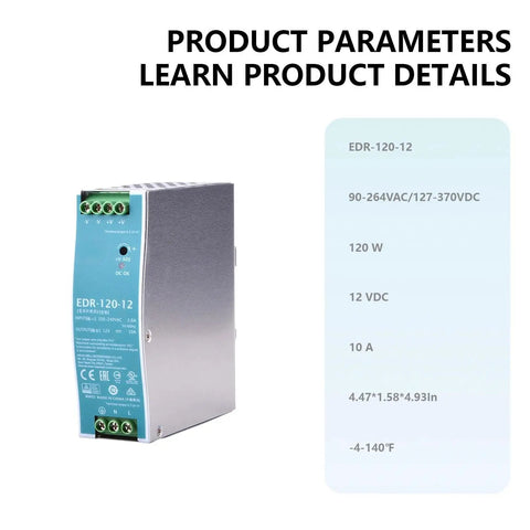 Ultra Slim 12V 10A DIN Rail Power Supply Beefy 120W Continuous Output Universal 90-264VAC Input High Efficiency Up To 88.5% Cabinet-Cooling Friendly Industrial Grade Protection Short-Circuit Overload Over-Voltage Over-Temp Constant Current. Metal DIN rail PSU with terminals