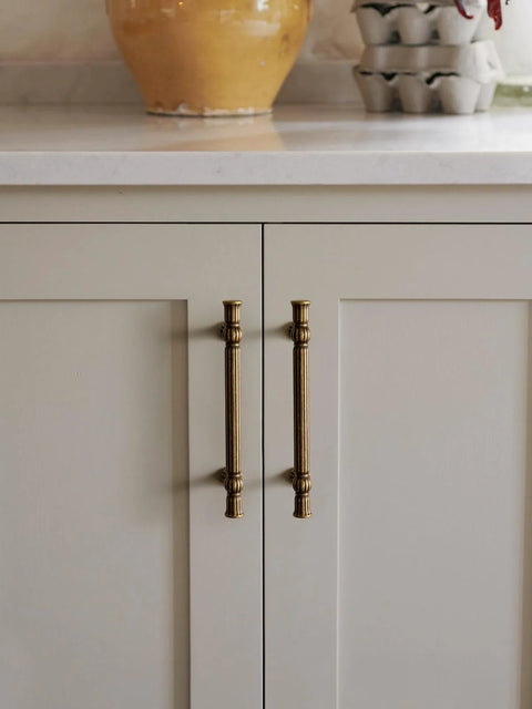 Antique Brass Cabinet Pulls With Three And Three Quarters Inch Hole Centers Zinc Alloy Classic Vintage Drawer Handles installed on cabinet