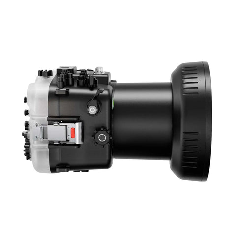 Side view of Underwater Housing For Sony FX3 And FX30 With PL100 Flat Port, 40m 130ft Depth Rating, showcasing button controls