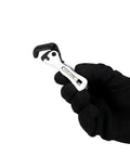 Compact Self Adjusting Pipe Vise With Sweet Ratchet Action and Nifty Contoured Grip For Tight Spots held in gloved hand, showcasing chrome finish.