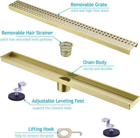 16 Inch Linear Shower Drain With Removable Cover Grid, Brushed Gold Stainless Steel SUS304, Rectangular Floor Drain, Hair Strainer, Adjustable Leveling Feet, High Flow Drain For Quick Water Exit, US Plumbing Connection components