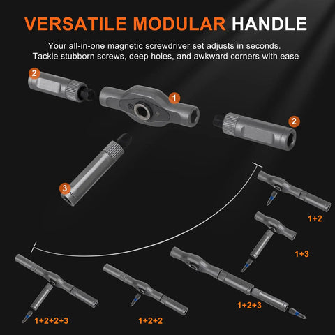 42 In 1 Magnetic Screwdriver Set with Quick Ratcheting Handle showing modular handle configurations and assembly options.