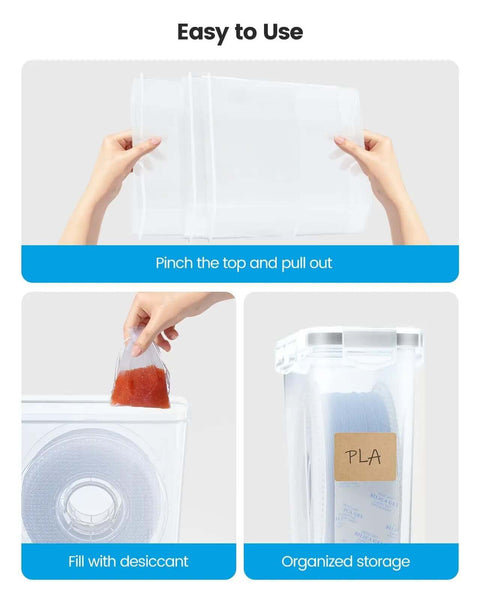 Hands assembling Six Pack Filament Storage Boxes for 3D Printing Sealing And Protection Waterproof Dustproof Four Liter Capacity with desiccants.