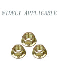 Three-Pack 5/8-18 thread hex flange nuts on white background, labeled 'widely applicable' for mower spindles. Five Eighths Inch By Eighteen Thread Blade Lock Nut Kit Three Pack For Lawn Mower Spindle And Deck Hex Flange Lock Nut Fits Popular Mower Brands And More Secure Blade Attachment For Reliable Cutting.