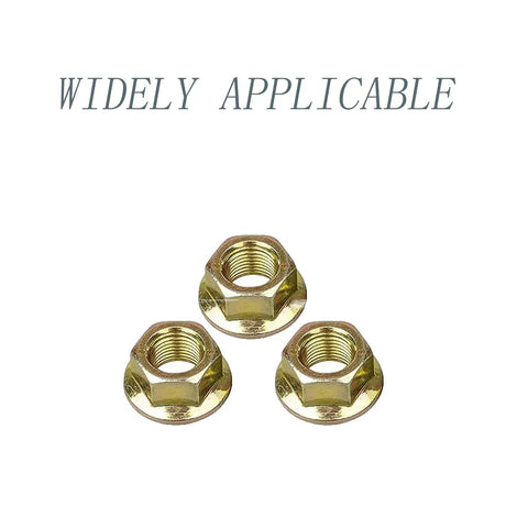 Three-Pack 5/8-18 thread hex flange nuts on white background, labeled 'widely applicable' for mower spindles. Five Eighths Inch By Eighteen Thread Blade Lock Nut Kit Three Pack For Lawn Mower Spindle And Deck Hex Flange Lock Nut Fits Popular Mower Brands And More Secure Blade Attachment For Reliable Cutting.