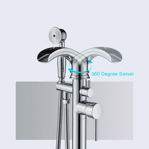 Freestanding Bathtub Faucet With Hand Shower Set Floor Mounted Waterfall Tub Filler Single Handle Chrome Polished Bath Fixtures