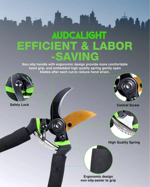 4 Pack Titanium Bypass Pruning Shears With Ergonomic Grips And Stainless Blades, showing ergonomic handle design features.