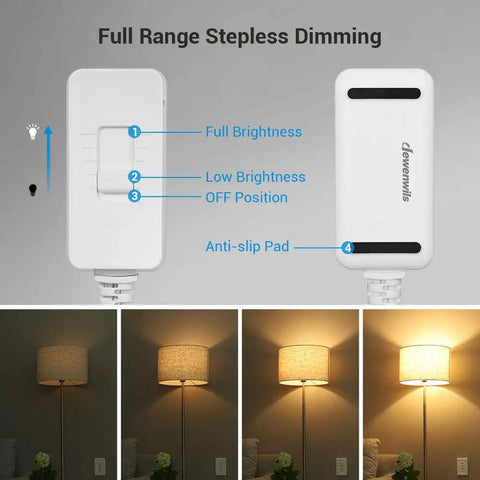 Plug In Dimmer Switch For Dimmable LED CFL And Incandescent Bulbs, Full Range Slide Control, Smooth Stepless Dimming, 5 Foot Extension Cord, ETL Listed, Easy Plug In Lamp Dimmer For Cozy Home Vibe