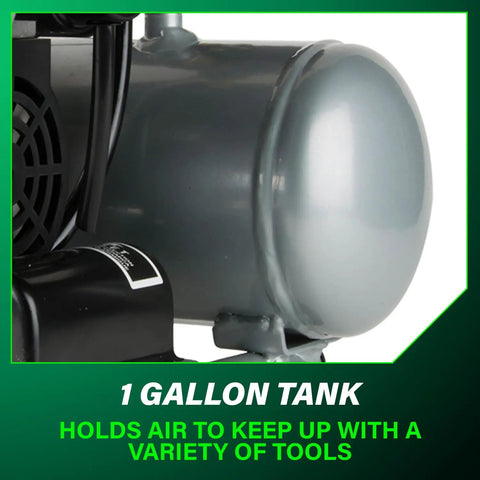 Ultra Quiet 1 Gallon Oil Free Portable Air Compressor With 59 dB Operation Universal Quick Coupler showing 1-gallon tank