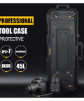 Road-Ready Waterproof Gear Case With Wheels For Cameras Computers Bows Arrows Fishing Rods Golf Clubs And More, Heavy Duty Tool Box With Thick Foam Padding And Dual Handles For Easy Carry Or Pull, standing next to camera and lens.
