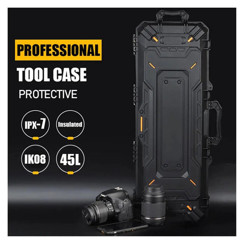 Road-Ready Waterproof Gear Case With Wheels For Cameras Computers Bows Arrows Fishing Rods Golf Clubs And More, Heavy Duty Tool Box With Thick Foam Padding And Dual Handles For Easy Carry Or Pull, standing next to camera and lens.