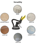 Diagram showing versatility of Nine Inch 10 Hole Hook And Loop Sanding Discs Set for drywall, plaster, interior and exterior walls.