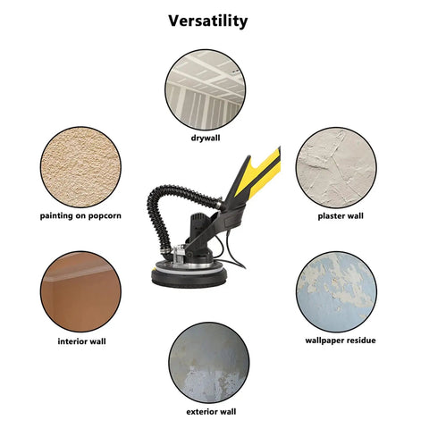 Diagram showing versatility of Nine Inch 10 Hole Hook And Loop Sanding Discs Set for drywall, plaster, interior and exterior walls.