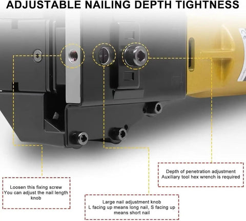 Pneumatic Handheld Carton Sealer Tool For Heavy Duty Box Packing close-up, showing adjustable nailing depth controls and settings.