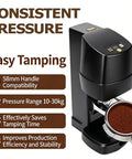 58 Millimeter Automatic Espresso Tamper Featuring Adjustable Depth And Steady Pressure Settings Slash Shot Prep Time And Kill Uneven Extractions Perfect For Fast Paced Coffee Shops And Lazy Sundays At Home with consistent pressure display.
