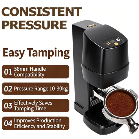 58 Millimeter Automatic Espresso Tamper Featuring Adjustable Depth And Steady Pressure Settings Slash Shot Prep Time And Kill Uneven Extractions Perfect For Fast Paced Coffee Shops And Lazy Sundays At Home with consistent pressure display.