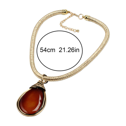 Bold Resin Stone Pendant Necklace With Long Rope Chain For Women Dope Statement Jewelry With Jeweled Metal Wire Accent Durable Wear Fashionable Costume Accessory In Rich Brown, showing measurement of 54cm.