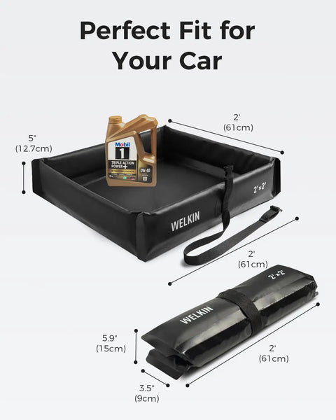 Spill Containment Berm Folding Duck Pond for Oil Changes and Under Drip Protection, Portable Tray 2 by 2 Feet, Black, folded view.