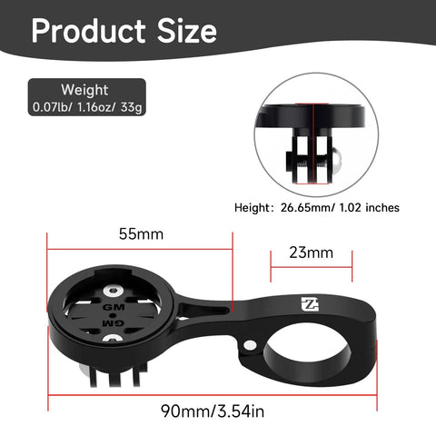 Aero Bar Bike GPS Mount With GoPro Adapter For 22.2mm And 22.4mm Handlebars, product size and dimensions.