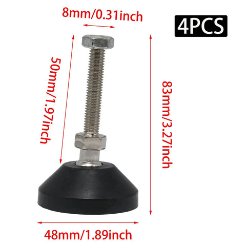 Rock Solid 4 Pack Adjustable M8 x 50mm Leveling Feet featuring durable nylon base and threaded stem for stable support.