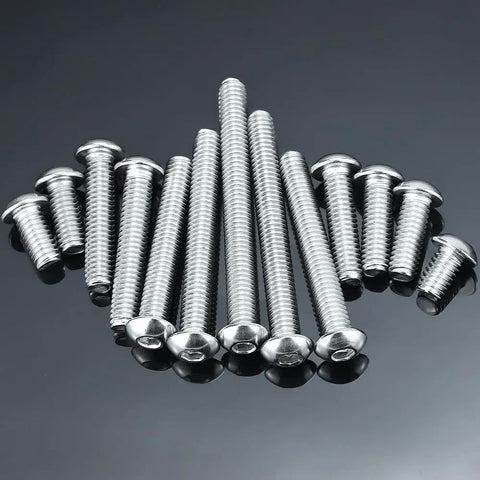 Top Shelf Heavy Duty 3/8-16 X 3 Inch Button Head Socket Cap Screws 304 Stainless Steel Hex Bolts displayed in a group.