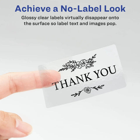 Hand holding customizable two by three inch rectangle labels glossy crystal clear finish that really pops colors perfect for party favors.