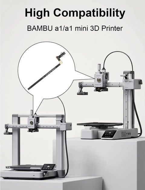 Filament Hall Sensor Board For Bambu Lab A1 And A1 Mini with FPC ribbon cable shown next to compatible 3D printers on display