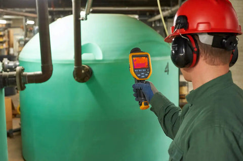 Person using Pro Grade Thermal Imager With IR Fusion, 30 Hz GT1, Dope Touchscreen on industrial equipment.