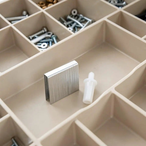 30 Piece Wood Blind And Shutter Fastener Repair Kit With Tilt Rod Pins Dowel Pegs includes metal and plastic hardware in storage box.