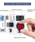 Hand adjusting digital servo tester for RC systems showing manual, neutral indicators and voltage display, one channel motor controller.