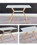 Slick Modern White Dining Table With Scratch Resistant Top And Heavy Duty Metal Bottom Shelf Clean Vibe Setup For Kitchen Hangouts Or Home Office, showing multiple angles.