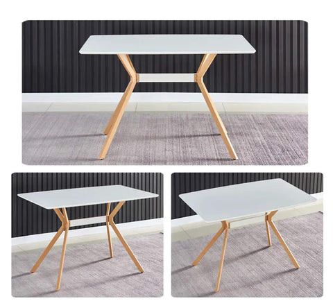 Slick Modern White Dining Table With Scratch Resistant Top And Heavy Duty Metal Bottom Shelf Clean Vibe Setup For Kitchen Hangouts Or Home Office, showing multiple angles.