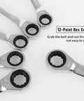 Close-up of 12-point box ends on 14 Piece SAE Ratcheting Wrench Set With One Quarter Inch To Seven Eighths Inch Wrenches