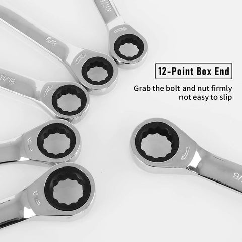 Close-up of 12-point box ends on 14 Piece SAE Ratcheting Wrench Set With One Quarter Inch To Seven Eighths Inch Wrenches