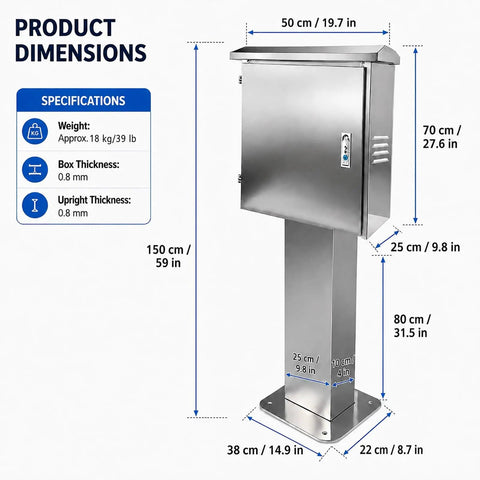 Tough As Nails Outdoor EV Charger Enclosure With Key Lock Security dimensions and specifications with 304 stainless steel material.