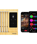 Four Probe Wireless Smart Meat Thermometer For Grill, BBQ, Oven, And Sous Vide With Bluetooth And WiFi 1000F Heat Resistance Ultra Accurate Probes For Cooking Different Doneness At Once Cook Like A Pro, showing probes in bamboo holder with app interface.