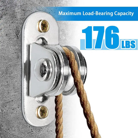 Beefy Heavy Duty Fixed Pulley Block Wheel Set For Cord Handling; wall mounted, carbon steel, 176 lb load capacity