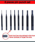 8 piece pin punch set with holder for automotive, watch repair, jewelry and craft, durable 40 grade steel, knurled handles