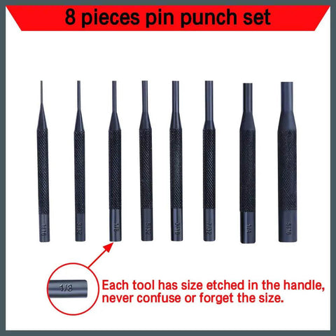 8 piece pin punch set with holder for automotive, watch repair, jewelry and craft, durable 40 grade steel, knurled handles