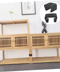 Light wood shelving with two black clips for furniture, close-up inset of Eight Pack Outdoor Wicker Furniture Clips, Rattan Clamp Clips