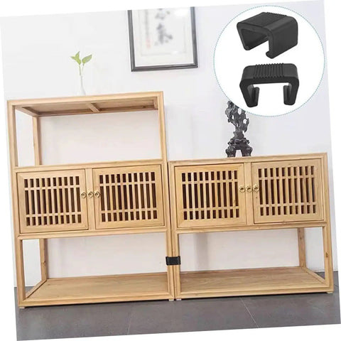 Light wood shelving with two black clips for furniture, close-up inset of Eight Pack Outdoor Wicker Furniture Clips, Rattan Clamp Clips