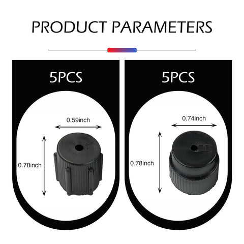 Dimensions of 10 Pack Must Have Universal Car AC Valve Caps for High and Low Pressure Ports shown in diagram